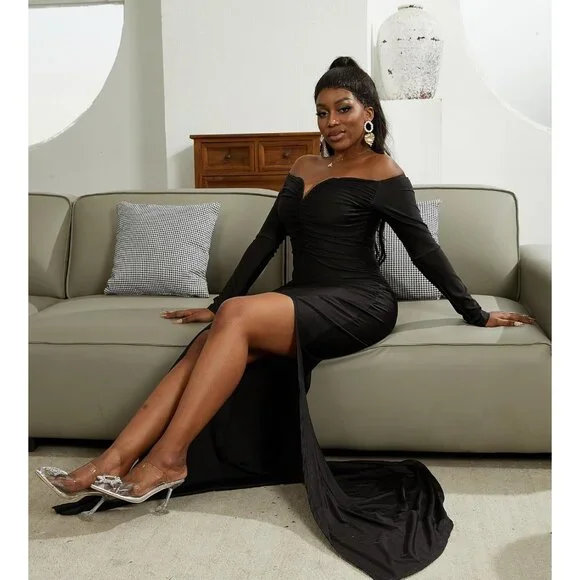 black maxi dress with cap sleeves V-neck Long Sleeve Split Maxi Dress XH1221